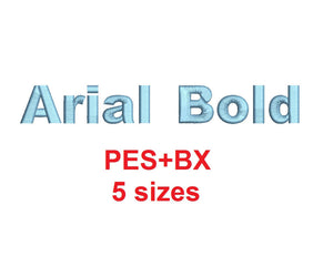 Arial Bold embroidery font formats bx (which converts to 17 machine formats), + pes, Sizes 0.25 (1/4), 0.50 (1/2), 1, 1.5 and 2"