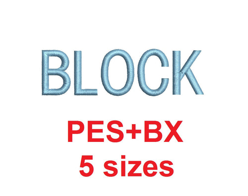 Block embroidery font formats bx (which converts to 17 machine formats), + pes, Sizes 0.25 (1/4), 0.50 (1/2), 1, 1.5 and 2