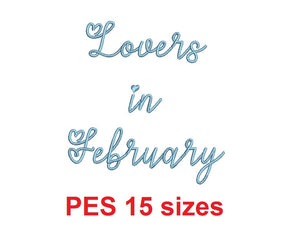 Lovers in February embroidery font PES format 15 Sizes 0.25 (1/4), 0.5 (1/2), 1, 1.5, 2, 2.5, 3, 3.5, 4, 4.5, 5, 5.5, 6, 6.5, and 7" (MHA)