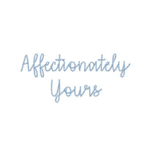 Affectionately Yours chain stitch ESA machine embroidery font alphabet preview