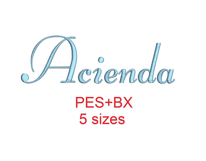 Acienda embroidery font formats bx (which converts to 17 machine formats), + pes, Sizes 0.50 (1/2), 0.75 (3/4), 1, 1.5 and 2