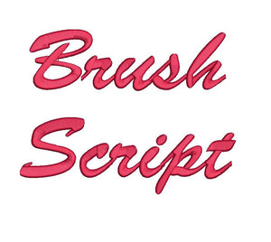 Brush Script embroidery font formats bx (which converts to 17 machine formats), + dst, exp, pes, jef and xxx, Sizes 1, 1.5, 2 inches