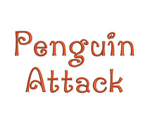 Penguin Attack embroidery font formats bx, dst, exp, pes, jef and xxx, Sizes 1, 1.5 and 2 inches, instant download
