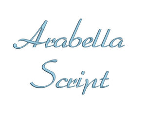 Arabella Script font formats bx (compatible with 17 machine file formats), dst, exp, pes, jef and xxx, Sizes 1, 1.5, 2 inches