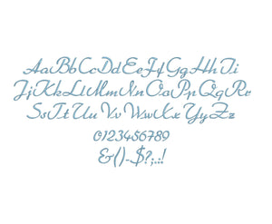 Arabella Script font formats bx (compatible with 17 machine file formats), dst, exp, pes, jef and xxx, Sizes 1, 1.5, 2 inches