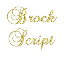 Brock Script embroidery font bx (compatible with 17 machine file formats), dst, exp, pes, jef and xxx, Sizes 1, 1.5, 2 inches