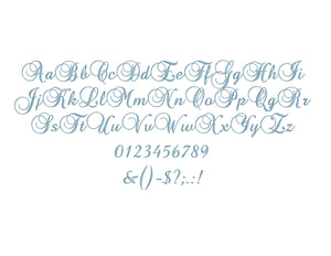 Brock Script embroidery font bx (compatible with 17 machine file formats), dst, exp, pes, jef and xxx, Sizes 1, 1.5, 2 inches
