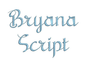 Bryana Script embroidery font bx (compatible with 17 machine file formats), dst, exp, pes, jef and xxx, Sizes 1, 1.5, 2 inches