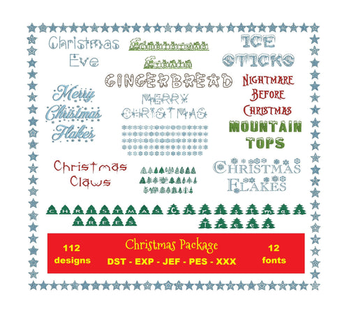 Christmas Package 12 fonts and 112 designs with files dst, exp, pes, jef and xxx, Sizes 1, 1.5 and 2 inches, instant download