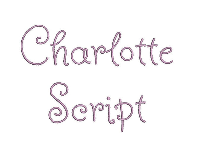 Charlotte Script embroidery font bx (compatible with 17 machine file formats), dst, exp, pes, jef and xxx, Sizes 1, 1.5, 2 inches