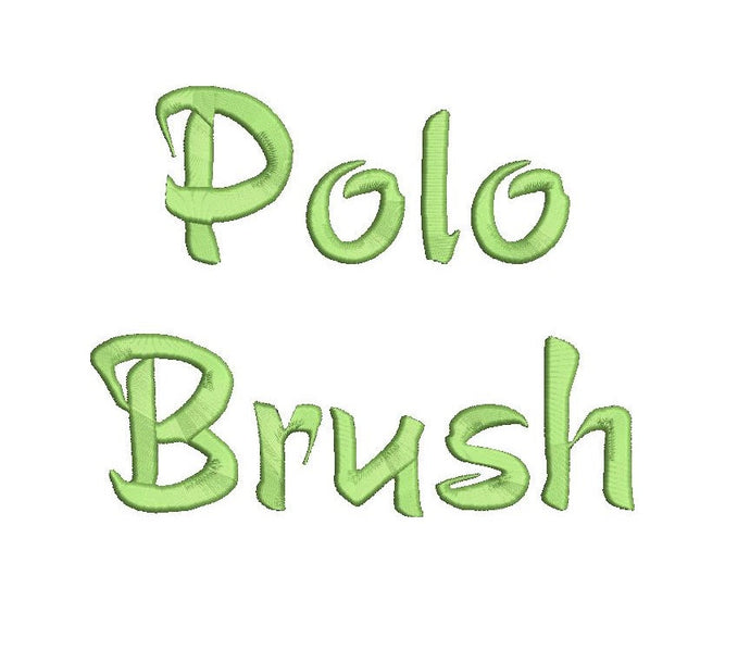 Polo Brush script embroidery font bx (compatible with 17 machine file formats), dst, exp, pes, jef and xxx, Sizes 1, 1.5, 2 inches