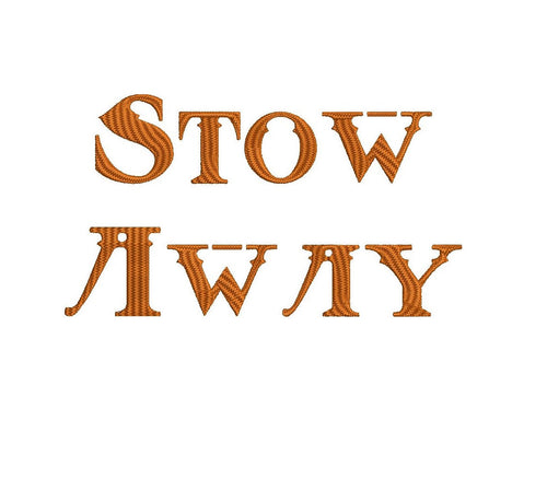 Stow Away embroidery font formats dst, exp, pes, jef and xxx, Sizes 1, 1.5 and 2 inches, instant download