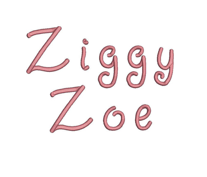 Ziggy Zoe embroidery font formats dst, exp, pes, jef and xxx, Sizes 1, 1.5 and 2 inches, instant download