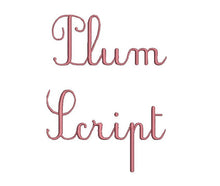 Plum Script embroidery font formats dst, exp, pes, jef and xxx, Sizes 1, 1.5 and 2 inches, instant download