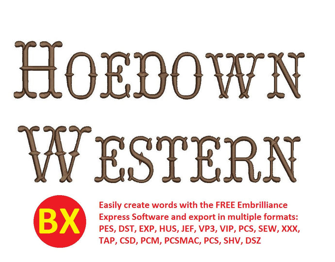 Hoedown Western embroidery font bx file(pes, dst, exp, hus, jef, vp3, vip, pcs, sew, xxx, tap, csd, pcm, pcsmac, pcs, shv, dsz) 1
