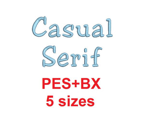 Casual Serif embroidery font formats bx (which converts to 17 machine formats), + pes, Sizes 0.25 (1/4), 0.50 (1/2), 1, 1.5 and 2"