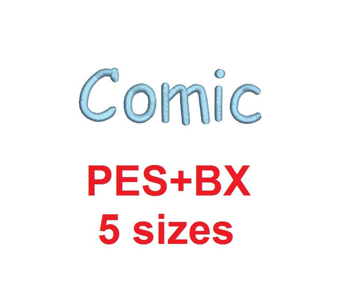 Comic embroidery font formats bx (which converts to 17 machine formats), + pes, Sizes 0.25 (1/4), 0.50 (1/2), 1, 1.5 and 2