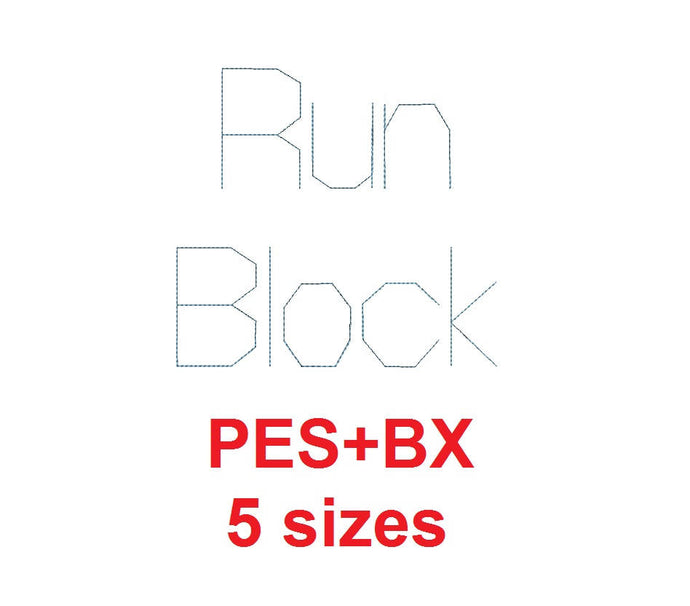 Run Block embroidery font formats bx (which converts to 17 machine formats), + pes, Sizes 0.25 (1/4), 0.50 (1/2), 1, 1.5 and 2