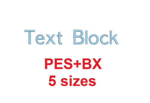 Text Block embroidery font formats bx (which converts to 17 machine formats), + pes, Sizes 0.25 (1/4), 0.50 (1/2), 1, 1.5 and 2