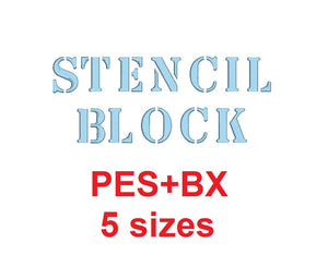 Stencil Block embroidery font formats bx (which converts to 17 machine formats), + pes, Sizes 0.25 (1/4), 0.50 (1/2), 1, 1.5 and 2"
