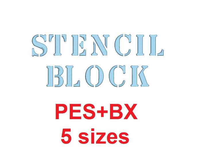 Stencil Block embroidery font formats bx (which converts to 17 machine formats), + pes, Sizes 0.25 (1/4), 0.50 (1/2), 1, 1.5 and 2
