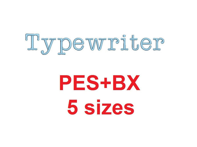 Typewriter embroidery font formats bx (which converts to 17 machine formats), + pes, Sizes 0.25 (1/4), 0.50 (1/2), 1, 1.5 and 2