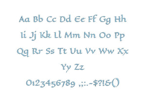 Apache Script embroidery font formats bx (which converts to 17 machine formats), + pes, Sizes 0.25 (1/4), 0.50 (1/2), 1, 1.5 and 2"