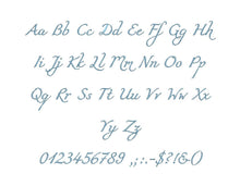 Andalucia Script embroidery font formats bx (which converts to 17 machine formats), + pes, Sizes 0.25 (1/4), 0.50 (1/2), 1, 1.5 and 2"
