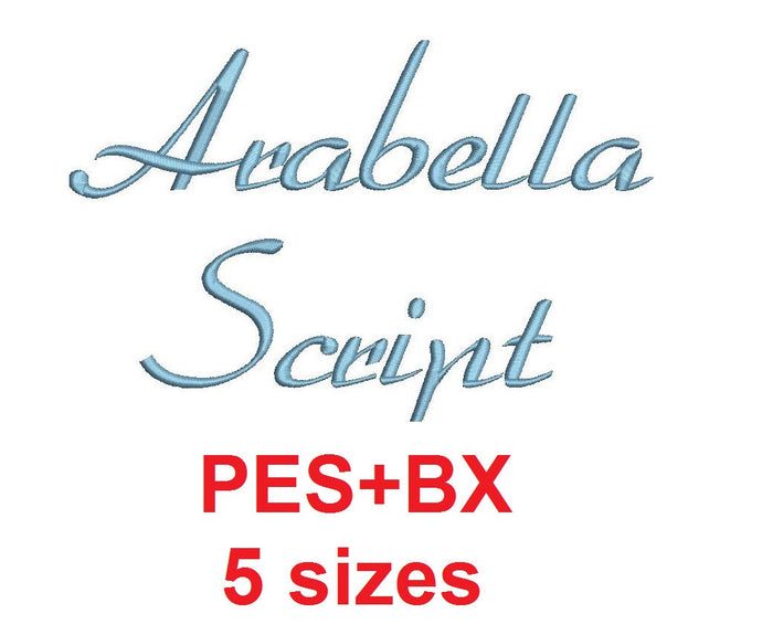 Arabella Script embroidery font formats bx (which converts to 17 machine formats), + pes, Sizes 0.25 (1/4), 0.50 (1/2), 1, 1.5 and 2
