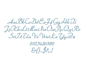 Arabella Script embroidery font formats bx (which converts to 17 machine formats), + pes, Sizes 0.25 (1/4), 0.50 (1/2), 1, 1.5 and 2"