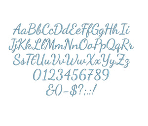Bolero Script embroidery font formats bx (which converts to 17 machine formats), + pes, Sizes 0.25 (1/4), 0.50 (1/2), 1, 1.5 and 2"