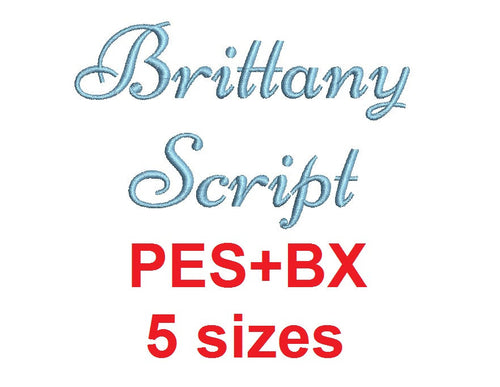 Brittany Script embroidery font formats bx (which converts to 17 machine formats), + pes, Sizes 0.25 (1/4), 0.50 (1/2), 1, 1.5 and 2