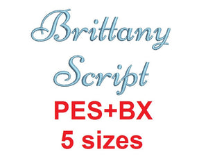 Brittany Script embroidery font formats bx (which converts to 17 machine formats), + pes, Sizes 0.25 (1/4), 0.50 (1/2), 1, 1.5 and 2"