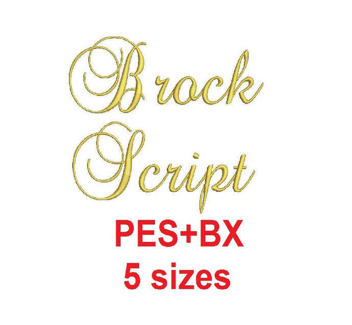 Brock Script embroidery font formats bx (which converts to 17 machine formats), + pes, Sizes 0.25 (1/4), 0.50 (1/2), 1, 1.5 and 2