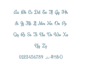 Buckingham Script embroidery font formats bx (which converts to 17 machine formats), + pes, Sizes 0.25 (1/4), 0.50 (1/2), 1, 1.5 and 2"