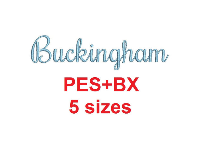 Buckingham Script embroidery font formats bx (which converts to 17 machine formats), + pes, Sizes 0.25 (1/4), 0.50 (1/2), 1, 1.5 and 2