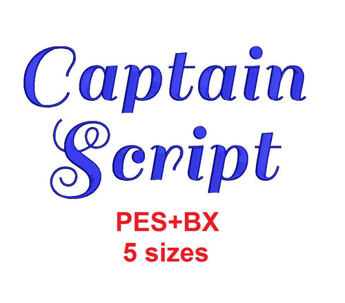 Captain Script embroidery font formats bx (which converts to 17 machine formats), + pes, Sizes 0.25 (1/4), 0.50 (1/2), 1, 1.5 and 2
