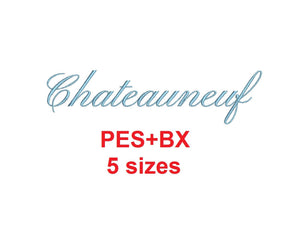 Chateauneuf Script embroidery font formats bx (which converts to 17 machine formats), + pes, Sizes 0.25 (1/4), 0.50 (1/2), 1, 1.5 and 2"