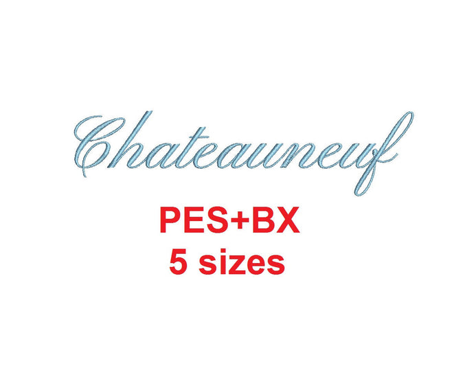 Chateauneuf Script embroidery font formats bx (which converts to 17 machine formats), + pes, Sizes 0.25 (1/4), 0.50 (1/2), 1, 1.5 and 2