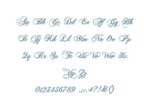 Chopin Script embroidery font formats bx (which converts to 17 machine formats), + pes, Sizes 0.25 (1/4), 0.50 (1/2), 1, 1.5 and 2"