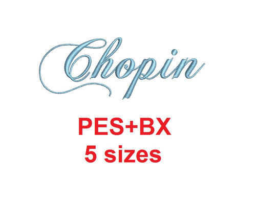 Chopin Script embroidery font formats bx (which converts to 17 machine formats), + pes, Sizes 0.25 (1/4), 0.50 (1/2), 1, 1.5 and 2