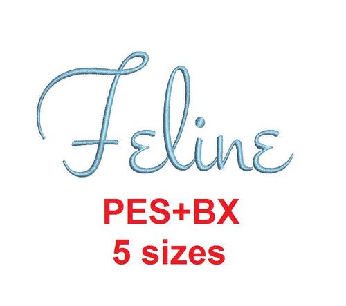 Feline Script embroidery font formats bx (which converts to 17 machine formats), + pes, Sizes 0.25 (1/4), 0.50 (1/2), 1, 1.5 and 2