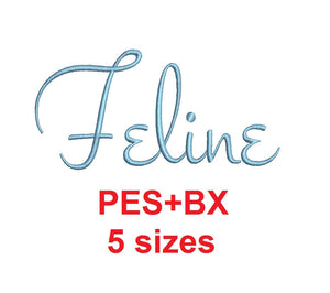 Feline Script embroidery font formats bx (which converts to 17 machine formats), + pes, Sizes 0.25 (1/4), 0.50 (1/2), 1, 1.5 and 2"