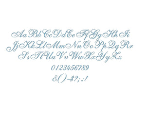 Giullia Script embroidery font formats bx (which converts to 17 machine formats), + pes, Sizes 0.25 (1/4), 0.50 (1/2), 1, 1.5 and 2"