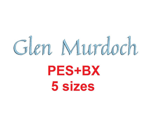 Glen Murdoch Script embroidery font formats bx (which converts to 17 machine formats), + pes, Sizes 0.25 (1/4), 0.50 (1/2), 1, 1.5 and 2