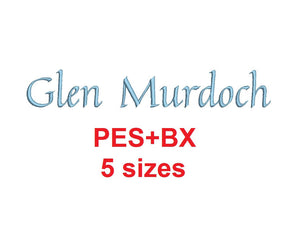 Glen Murdoch Script embroidery font formats bx (which converts to 17 machine formats), + pes, Sizes 0.25 (1/4), 0.50 (1/2), 1, 1.5 and 2"