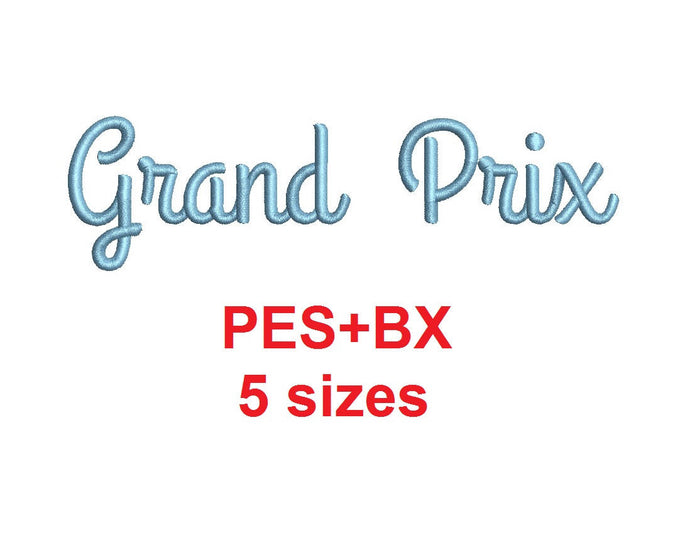 grand Prix Script embroidery font formats bx (which converts to 17 machine formats), + pes, Sizes 0.25 (1/4), 0.50 (1/2), 1, 1.5 and 2
