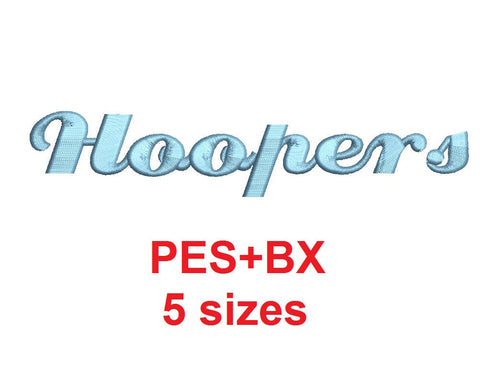 Hoopers Script embroidery font formats bx (which converts to 17 machine formats), + pes, Sizes 0.25 (1/4), 0.50 (1/2), 1, 1.5 and 2