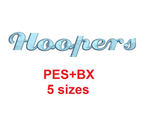 Hoopers Script embroidery font formats bx (which converts to 17 machine formats), + pes, Sizes 0.25 (1/4), 0.50 (1/2), 1, 1.5 and 2"