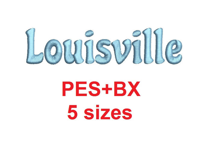 Louisville Script embroidery font formats bx (which converts to 17 machine formats), + pes, Sizes 0.25 (1/4), 0.50 (1/2), 1, 1.5 and 2